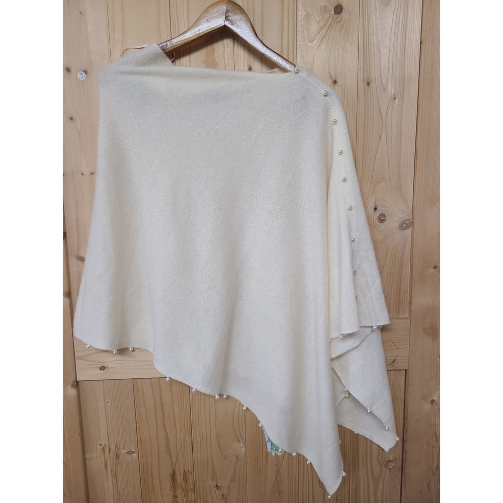 Charter Club Poncho Women One Size Cream 100% Cashmere Pearl Trim Wrap